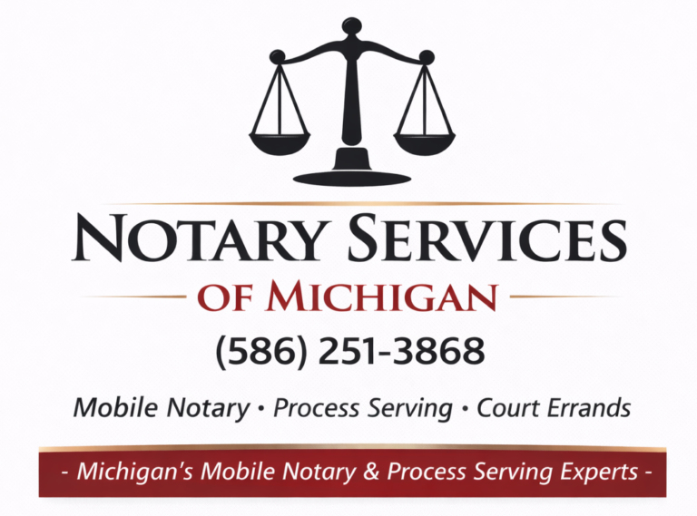 Notary Services of Michigan logo with justice scales symbol