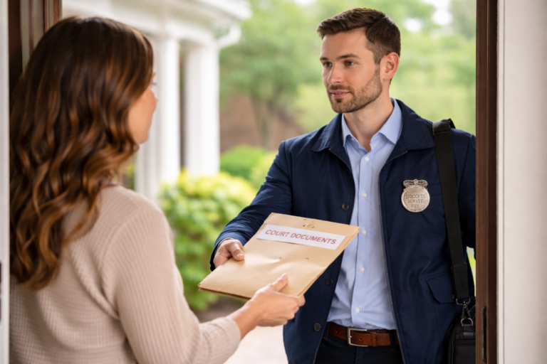 Process server delivering court documents to a residence in Metro Detroit
