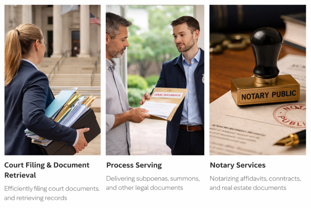 Legal support services including court filing, process serving, and mobile notary services for attorneys and law firms