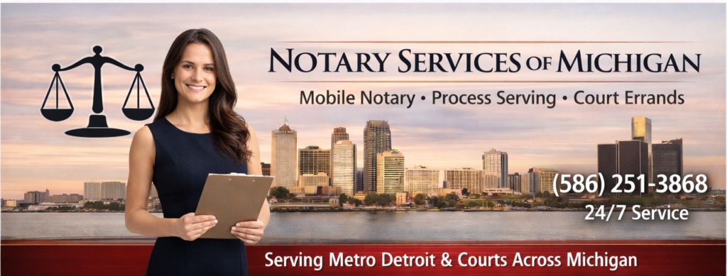 Detroit skyline representing mobile notary and process serving services in Metro Detroit Michigan